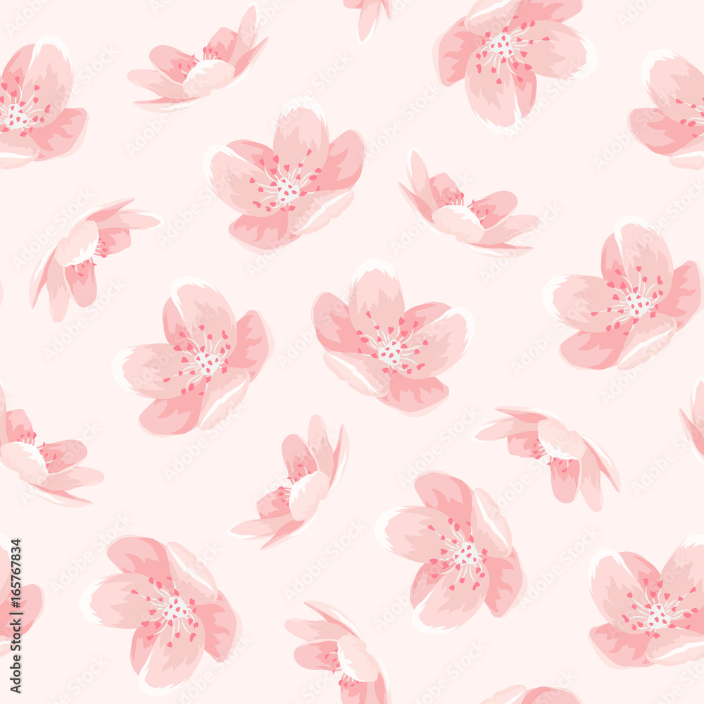 Fototapeta premium Pink cherry sakura japanese spring flowers seamless pattern. Tree bloom blossom. Feminine girlish style mood. Vector design illustration. PInk background.