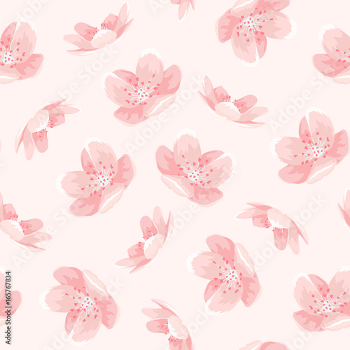 Pink cherry sakura japanese spring flowers seamless pattern. Tree bloom blossom. Feminine girlish style mood. Vector design illustration. PInk background.