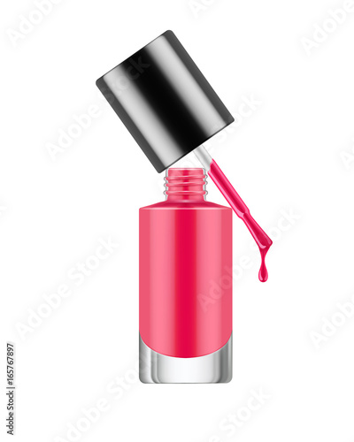 Realistic nail polish bottle. Deep red polish nail bottle with brush and a drop of varnish. Product, makeup, nail care. Realistic template vector illustration