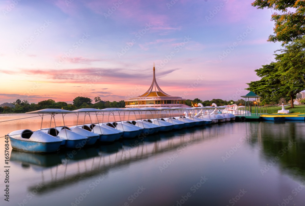 Ratchamangkhala Pavilion of Suan Luang Rama IX Public Park Bangkok,Thailand sumset. This Place is opened public for exercise or relax