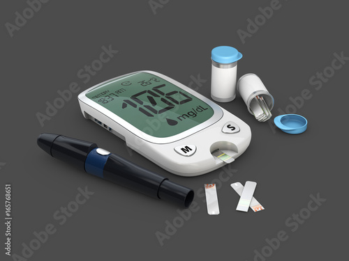 home glucometer with hand. concept of pharmacy, 3d illustration