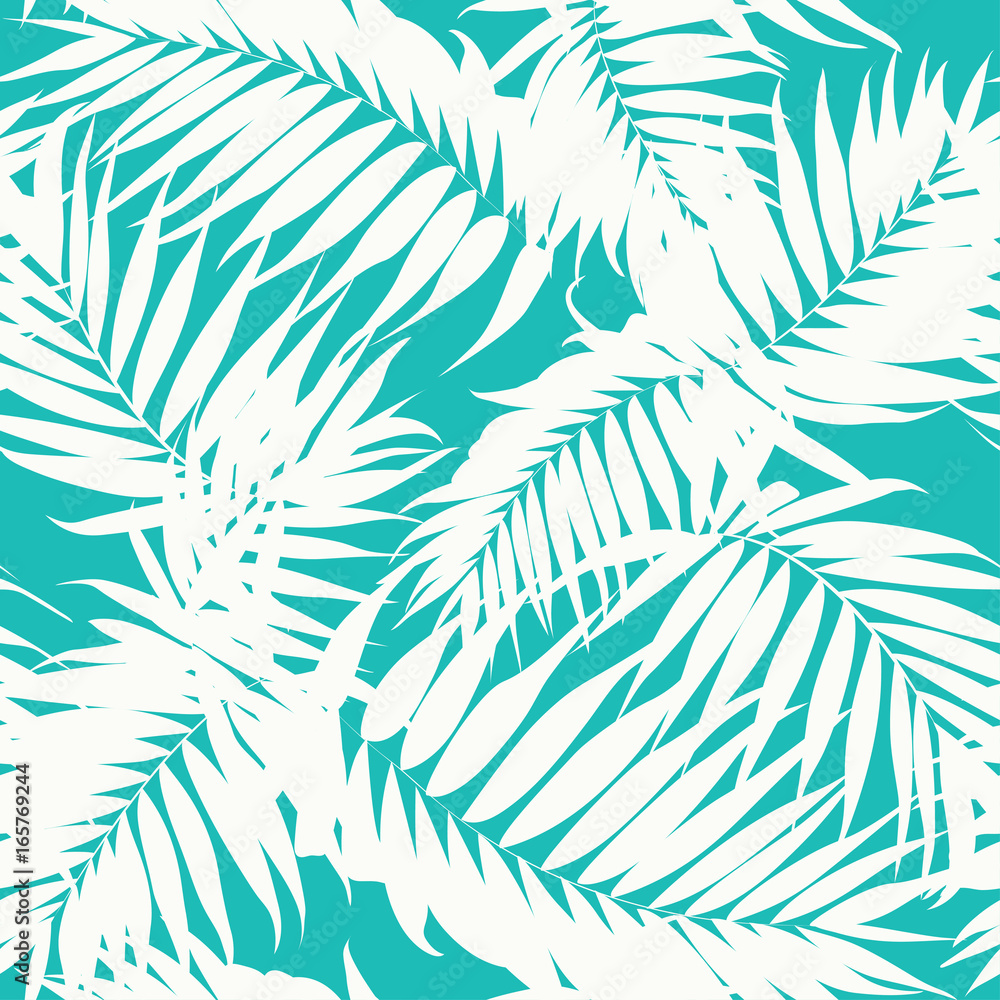 Tropical khaki camouflage seamless background texture. White jungle tree leaves on turquoise blue backdrop. Fashion fabric pattern. Vector design illustration. Tropical khaki camouflage seamless background texture. White jungle tree leaves on turquoise blue backdrop. Fashion fabric pattern. Vector design illustration.