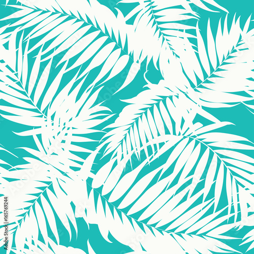 Tropical khaki camouflage seamless background texture. White jungle tree leaves on turquoise blue backdrop. Fashion fabric pattern. Vector design illustration.