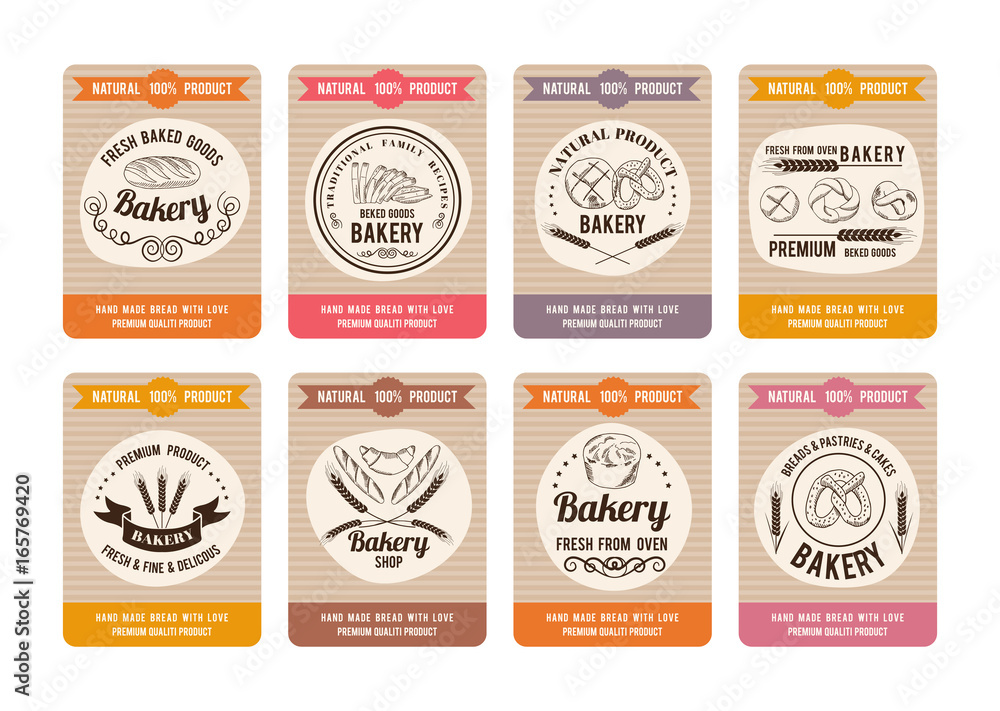 Price cards with different types of bread. Labels for bakery shop. Vector retro illustrations in hand drawn style