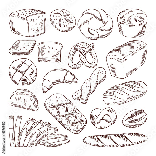 Different types of fresh bread. Vector hand drawn illustrations of bakery foods