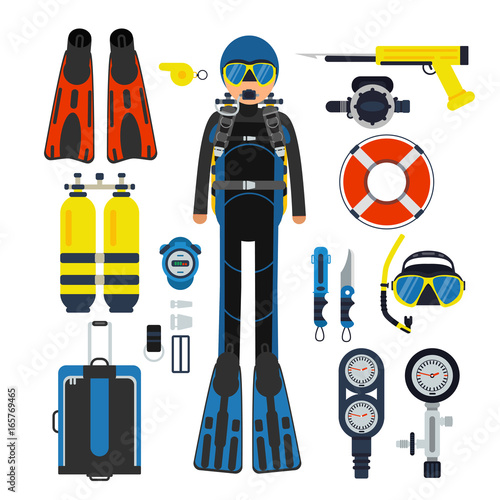 Equipment for underwater sport. Gas, scuba wetsuit and flippers