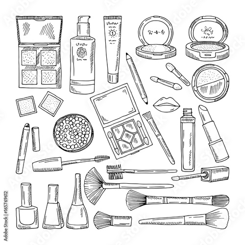 Doodle illustrations of woman cosmetics. Makeup tools for beautiful women