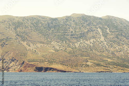 sea, mountains landscape, view from sailboat
