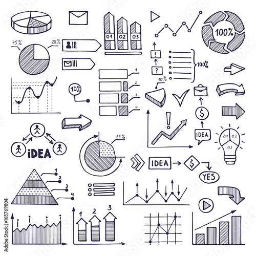 Pie graph, graphics and charts. Business illustrations in hand drawn style