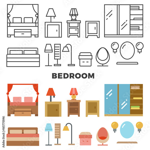 Bedroom furniture and accessories collection - flat furniture icons