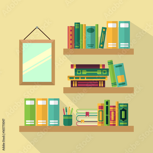 Wood bookshelf in library with different books. Vector illustrations © ONYXprj