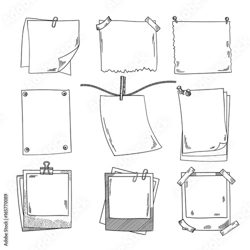 Photo frames and different blank notepaper. Vector set of doodle pictures