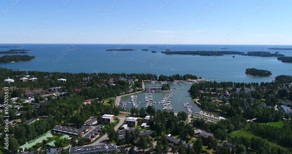 Haukilahti harbor, Cinema 4k aerial view towards gaddvik harbor, in Espoo, Uusimaa, Finland Haukilahti harbor, Cinema 4k aerial view towards gaddvik harbor, in Espoo, Uusimaa, Finland