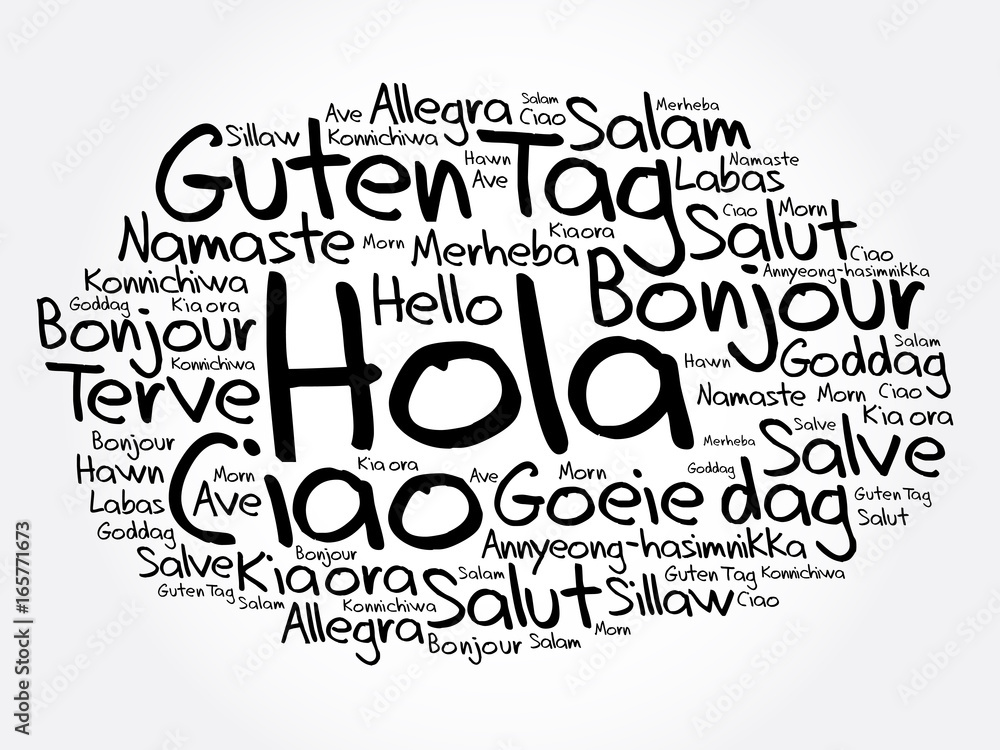 Obraz premium Hola (Hello Greeting in Spanish) word cloud in different languages of the world, background concept
