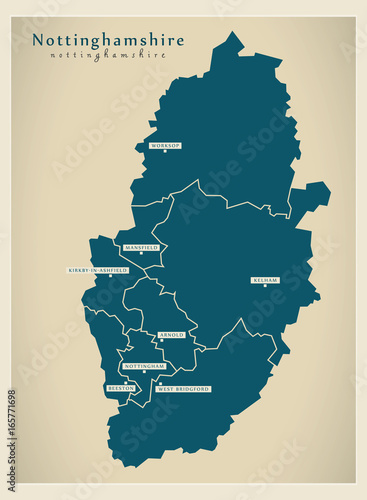 Modern Map - Nottinghamshire county with cities and districts England UK illustration photo