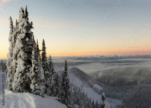 winter landscape trees in snow mountain peaks sky