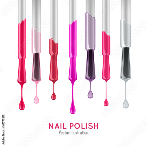 Nail polish examples realistic set. Professional care concept. Samples of varnish of different colors on the brushes with the droplets. Nail polish vector illustration