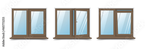 Vector illustration of a set of double-winged windows with an example of opening