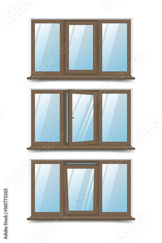 Vector illustration of a set of double-winged windows with an example of opening