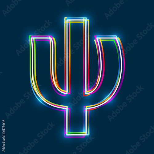 Greek Small Letter Psi - Vector multicolored outline font with glowing effect isolated on blue background. EPS10