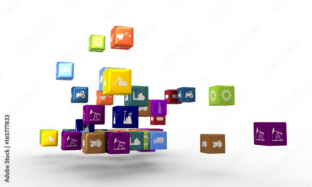 Energy, power and transport icons on floating cubes. Sustainable energy generation and heavy industry. 3D rendering Energy, power and transport icons on floating cubes. Sustainable energy generation and heavy industry. 3D rendering
