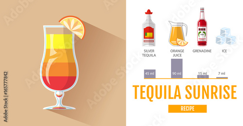 Flat style cocktail menu design. Cocktail tequila sunrise recipe
