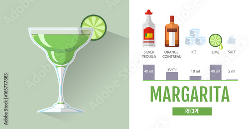Flat style cocktail menu design. Cocktail margarita recipe photo