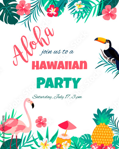Tropical Floral Poster with toucan and flamingo - for Invitation, Wedding, Baby Shower Card
