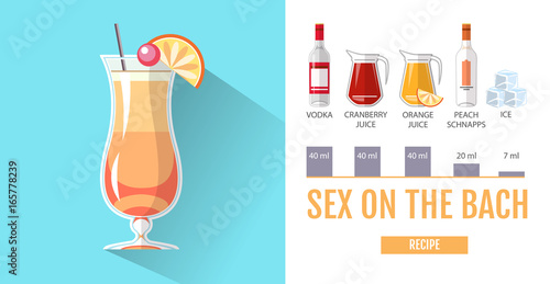 Flat style cocktail menu design. Cocktail sex on the beach recipe