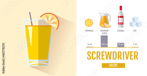Flat style cocktail menu design. Cocktail screwdriver recipe