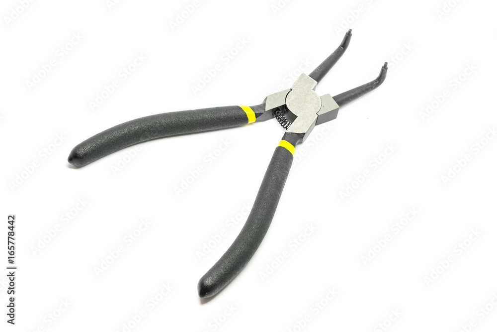 Black open and handled pliers on a white background.Tools series.
Black open and handled pliers on a white background.Tools series.