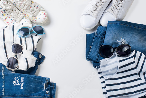 Fotografie Flat lay set of  Feminine clothe  in marine style For mother and daughter