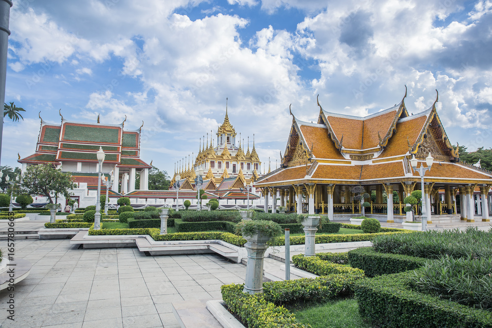 Landscape Golden Pagoda made by metal, Wat Ratchanatdaram Temple, the top of landmark in Bangkok, Thailand.
