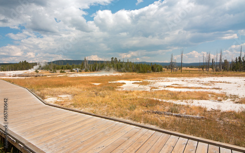 Wooden Observation Walkway through Black Sand Geyser Basin in Yellowstone National Park in Wyoming USA