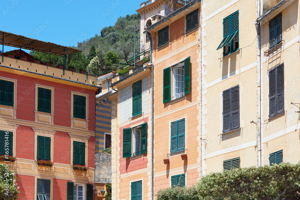 Portofino typical colorful houses facades in Italy, Liguria in a sunny day