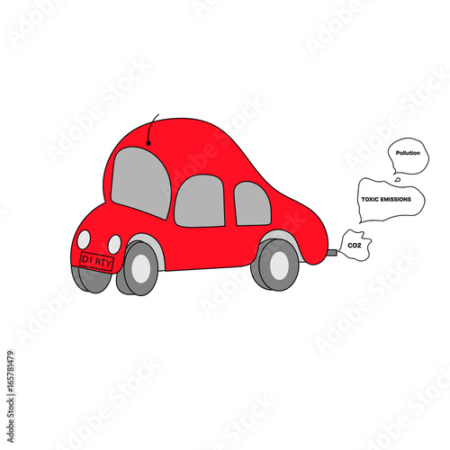 childlike drawing of red car putting out smoke clouds from exhaust with the words co2 toxic emissions and pollution and a number plate showing D1 RTY