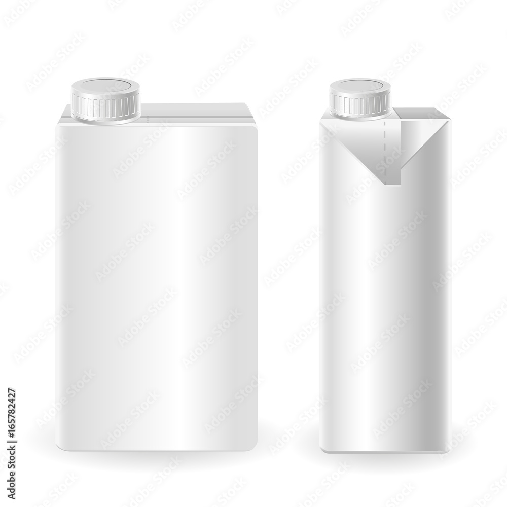 Realistic vector 3d mock up of milk or juice box on white background. Carton liter package with cap isolated Realistic vector 3d mock up of milk or juice box on white background. Carton liter package with cap isolated