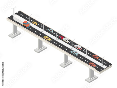 Isometric brigde and city with highways traffic road.