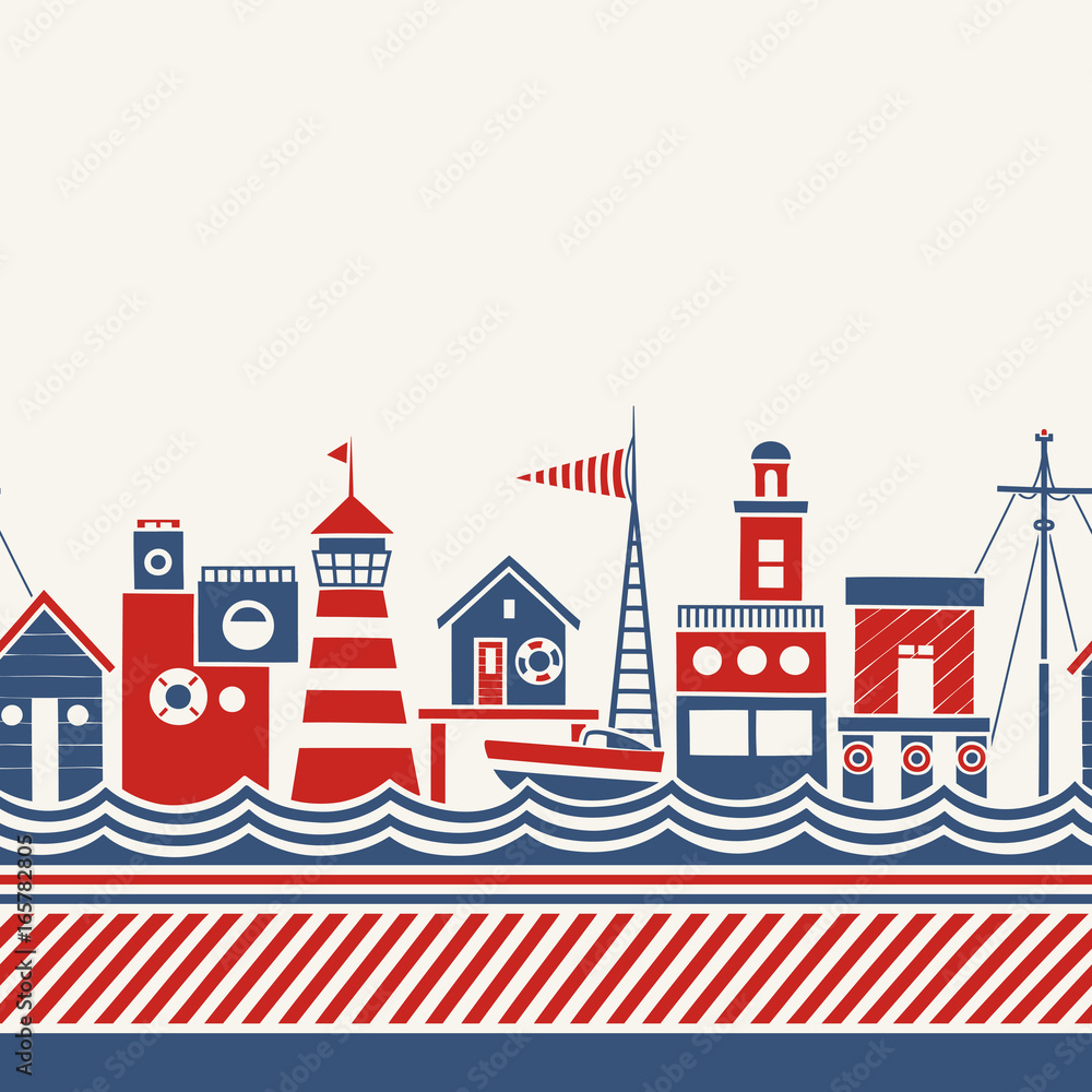 Cartoon Seamless Border in Nautical Style with Coastal Buildings, Boat and Abstract Waves