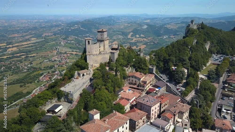 Aerial landscape shot of the small town of San Marino where lots of houses seen from the overlooking sight