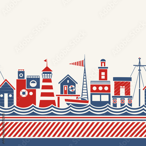 Cartoon Seamless Border in Nautical Style with Coastal Buildings, Boat and Abstract Waves