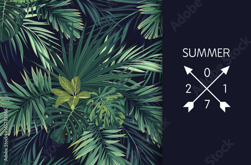 Green summer tropical flyer or banner design with exotic palm leaves and plants. Vector floral background.