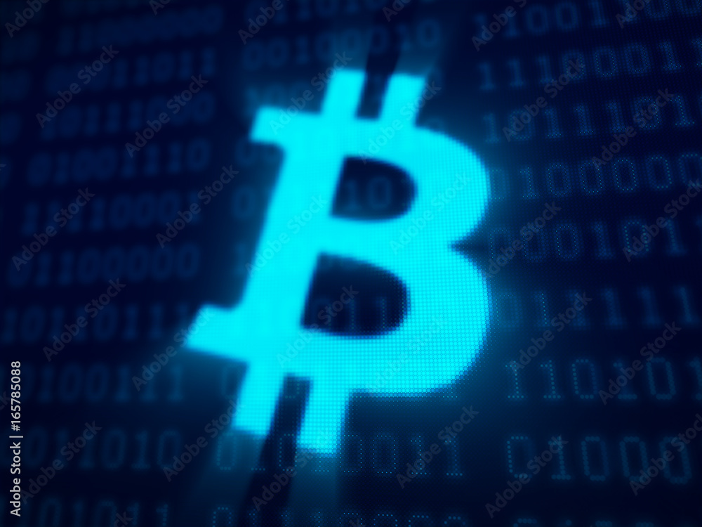 Bitcoin symbol and binary data on pixels screen 3D rendered with depth of field Bitcoin symbol and binary data on pixels screen 3D rendered with depth of field