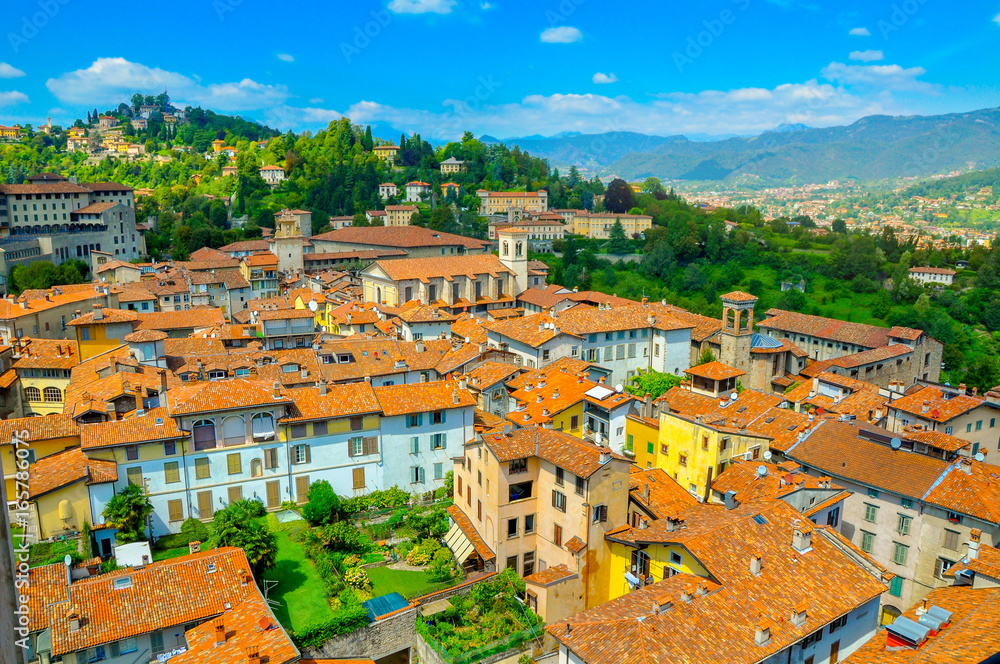 Panorama of the small French town located in the foothills of the Alps in bright sunny day