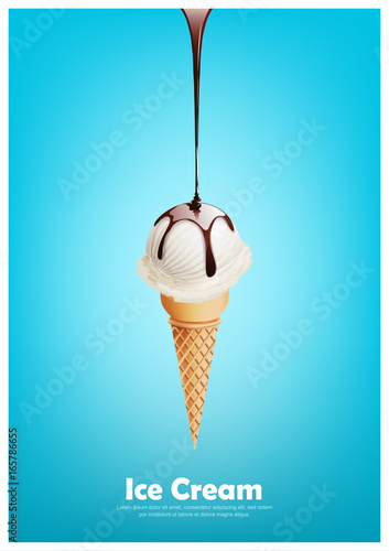 Milk ice cream cone, Pour chocolate syrup, dairy product flavor, Vector illustration