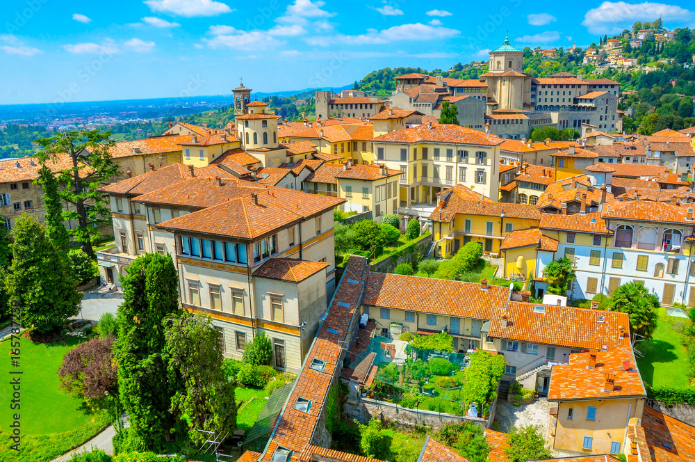 Fototapeta premium Panorama of the small French town located in the foothills of the Alps in bright sunny day