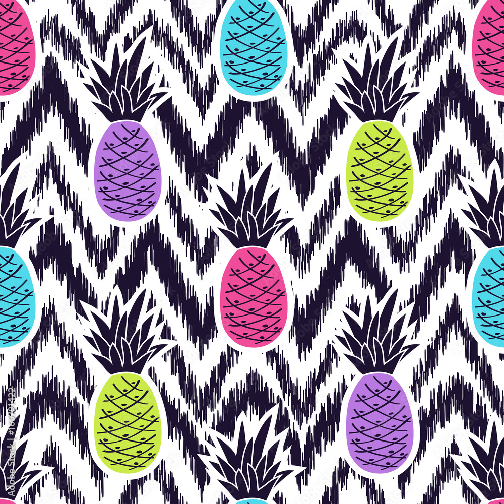Naklejka Wektorowy bezszwowy czarny i biały ikat etniczny wzór z kolorowymi ananasami
