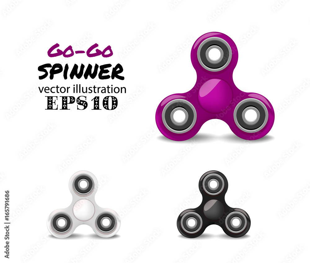 Set of vector plastic spinner.  Relaxing trend triple fidget toy  different colors purple, white, black

