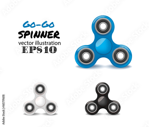 Set of vector plastic spinner.  Relaxing trend triple fidget toy  different colors blue, white, black
