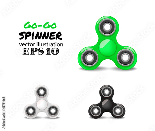 Set of vector plastic spinner.  Relaxing trend triple fidget toy  different colors green, white, black
